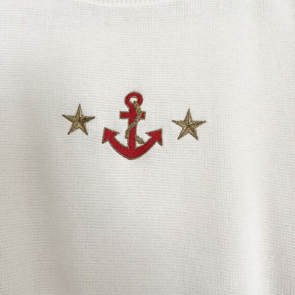 Bay Point Threads Women’s Nautical Anchor Sweater Size L Red White Gold Stars - Picture 3 of 8